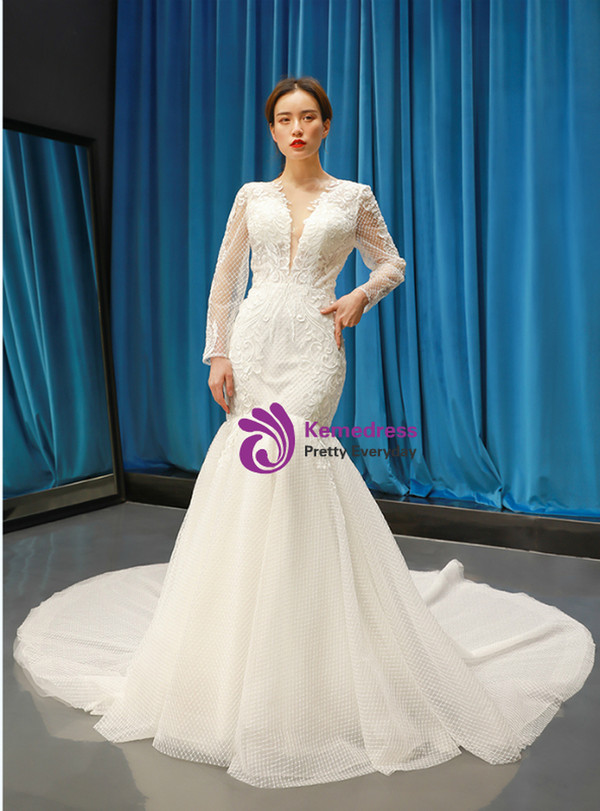 White Mermaid Tulle Appliques Deep V-neck Long Sleeve Backless Wedding Dress