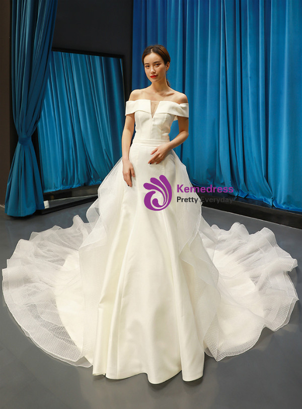 Sexy White Satin Tulle Off the Shoulder Wedding Dress With Long Train