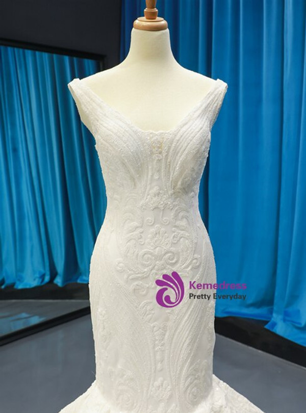 Modern White Mermaid Satin Sequins Appliques V-neck Backless Floor length  Wedding Dress