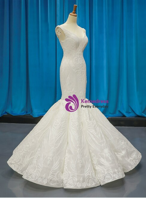 Modern White Mermaid Satin Sequins Appliques V-neck Backless Floor length  Wedding Dress