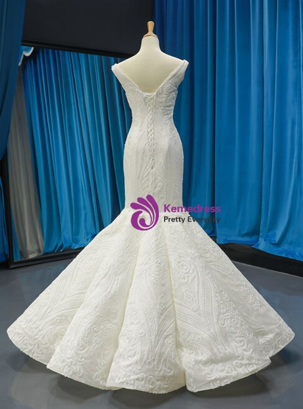 Modern White Mermaid Satin Sequins Appliques V-neck Backless Floor length  Wedding Dress