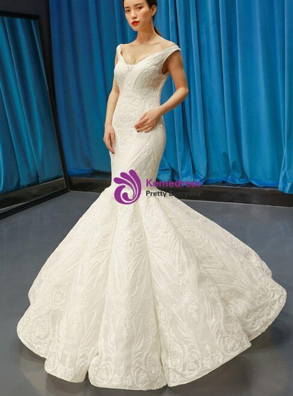 Modern White Mermaid Satin Sequins Appliques V-neck Backless Floor length  Wedding Dress