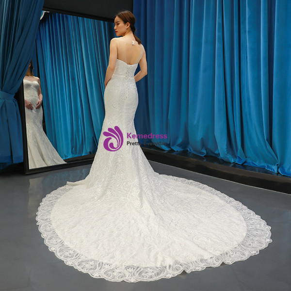 Sexy White Sheath Mermaid Tulle Lace Backless Sleeveless Wedding Dress