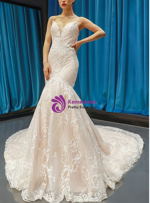 Sexy Champagne Mermaid Tulle Lace Spaghetti Straps Sleeveless Wedding Dress