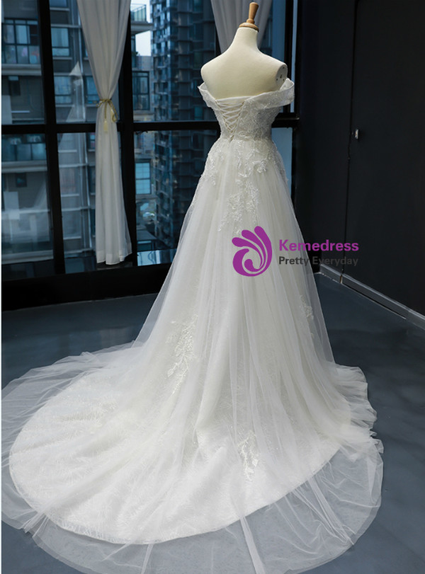 Advanced White Tulle Appliques Off the Shoulder Wedding Dress With Beading