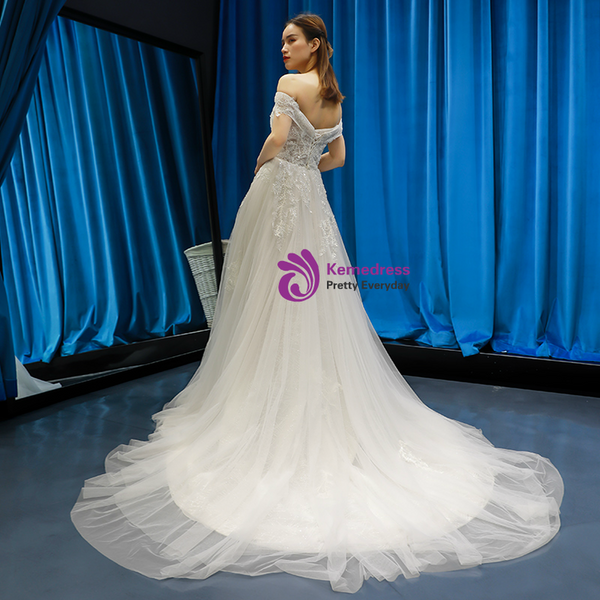 Advanced White Tulle Appliques Off the Shoulder Wedding Dress With Beading