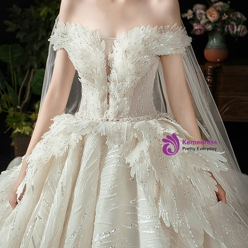 Champagne Tulle Sequins Off the Shoulder Beading Wedding Dress With Train