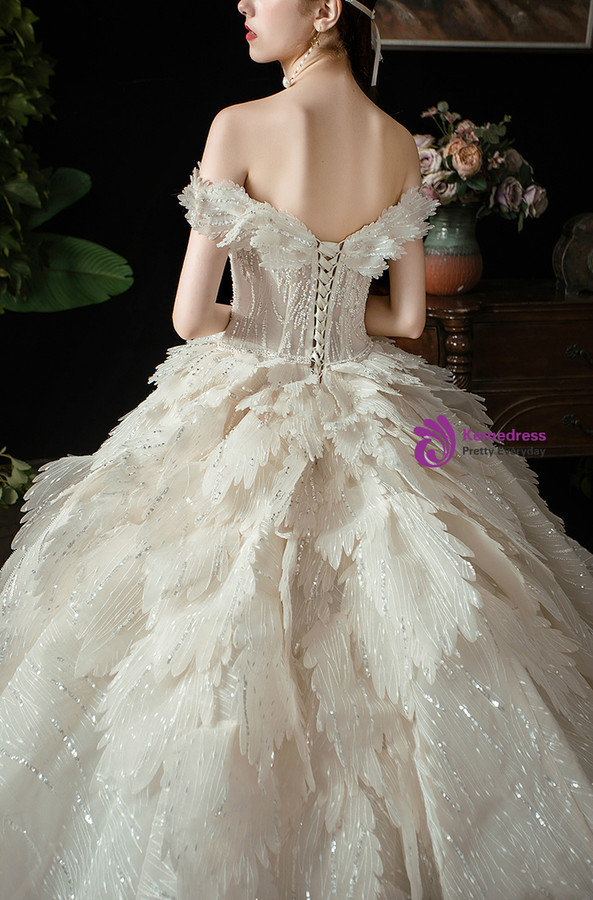 Champagne Tulle Sequins Off the Shoulder Beading Wedding Dress With Train