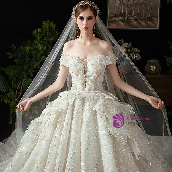 Champagne Tulle Sequins Off the Shoulder Beading Wedding Dress With Train