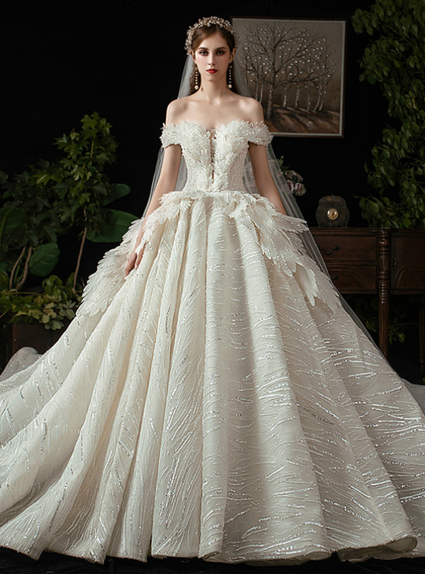 Champagne Tulle Sequins Off the Shoulder Beading Wedding Dress With Train