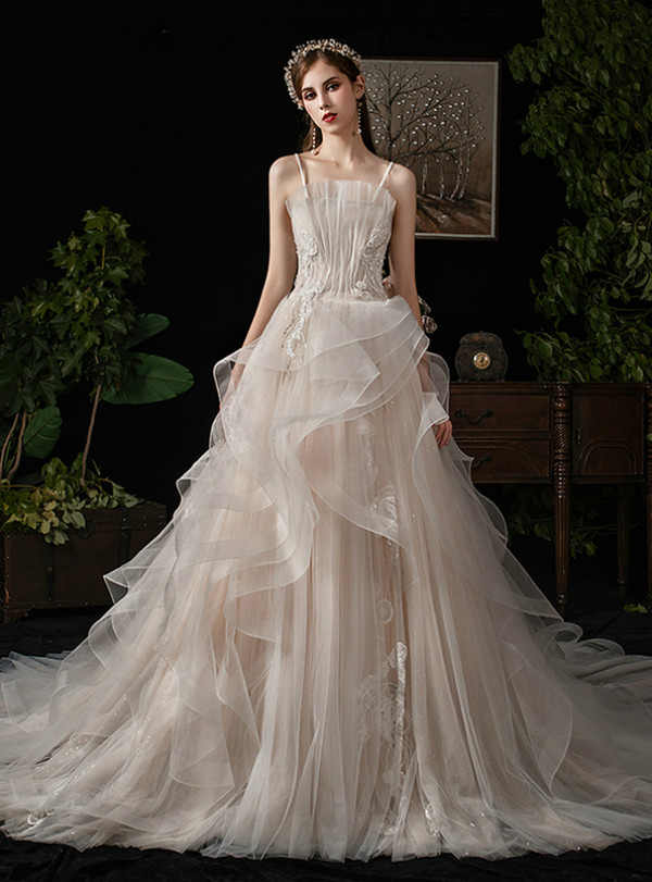 A-Line Light Champagne Tulle Spaghetti Straps Appliques Wedding Dress