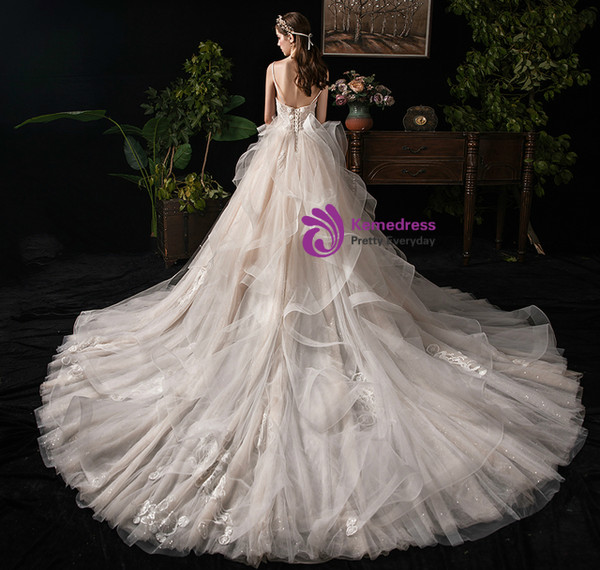 A-Line Light Champagne Tulle Spaghetti Straps Appliques Wedding Dress