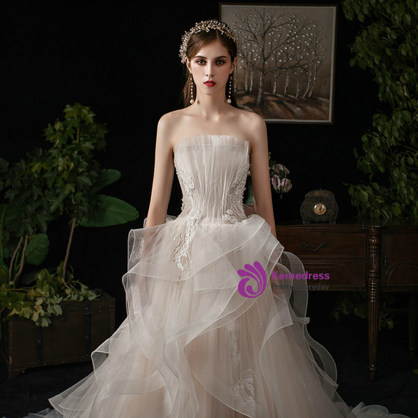 A-Line Light Champagne Tulle Spaghetti Straps Appliques Wedding Dress