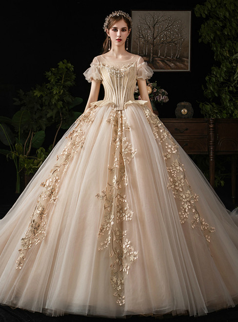 Dark Champagne Ball Gown Tulle Appliques Puff Sleeve Backless Wedding Dress