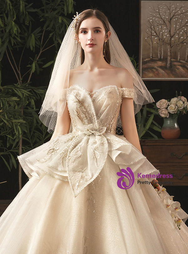 Luxury Champagne Ball Gown Tulle Sequins Off the Shoulder Beading Wedding Dress