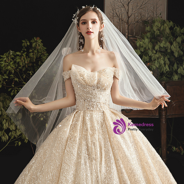 Champagne Sequins Off the Shoulder Sleeveless Wedding Dress With Long Train