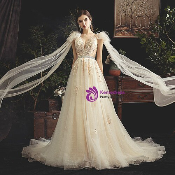 A-Line Champagne Tulle Appliques Sexy V-neck Floor Length Wedding Dress