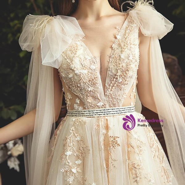 A-Line Champagne Tulle Appliques Sexy V-neck Floor Length Wedding Dress