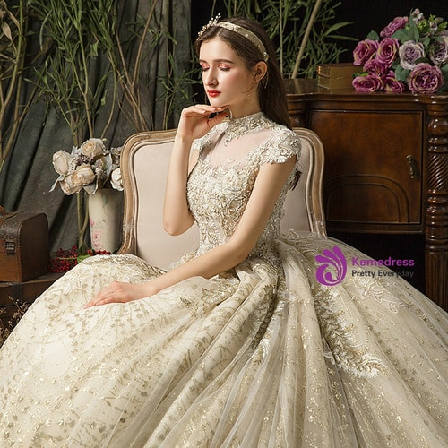 Wonderful Champagne Tulle Sequins High Neck Cap Sleeve Beading Wedding Dress 