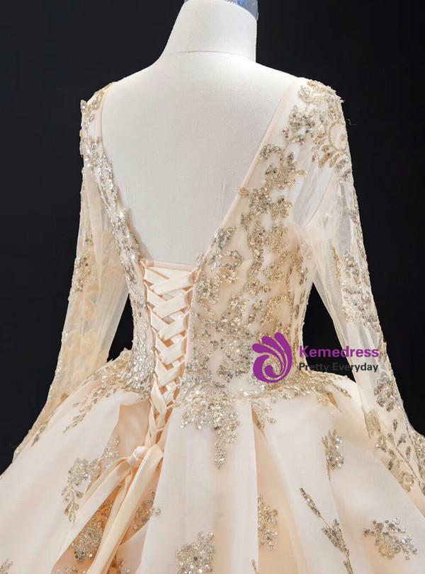 Glamorous Champagne Satin Sequins Long Sleeve Wedding Dress With Train