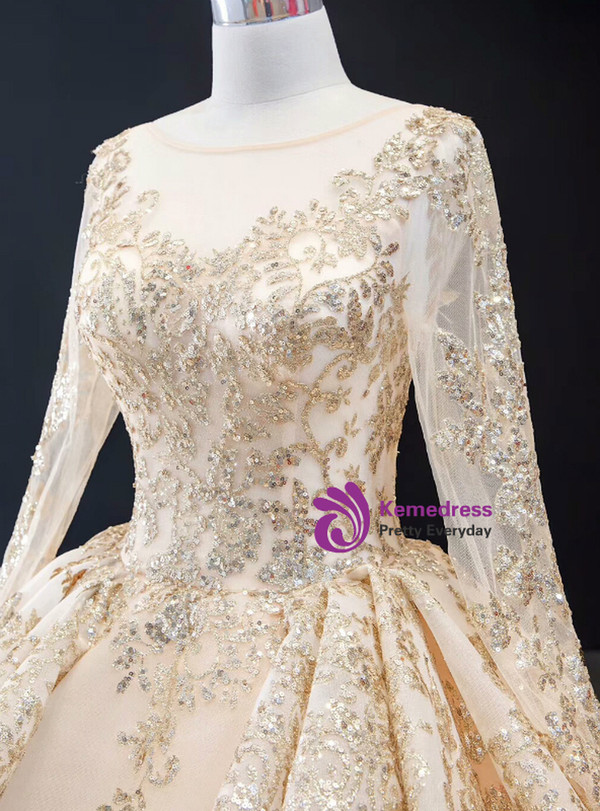 Glamorous Champagne Satin Sequins Long Sleeve Wedding Dress With Train