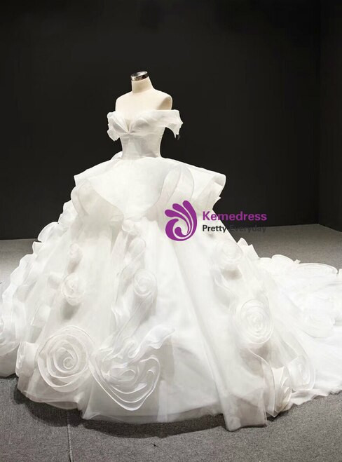 Romance White Ball Gown Off the Shoulder Organza Ruffles Wedding Dress