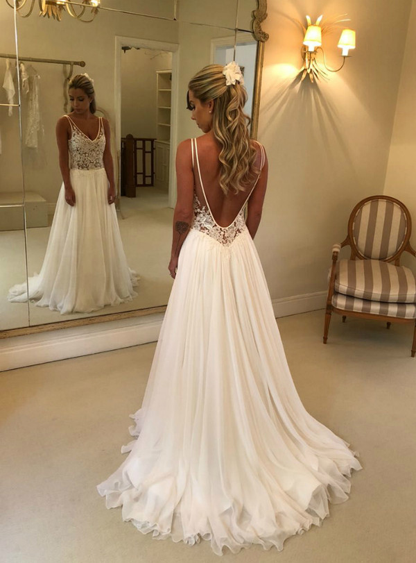 Beach White Chiffon V-neck Backless Appliques Wedding Dress