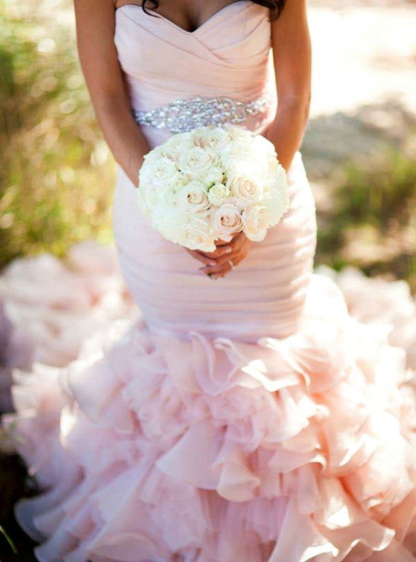 Sexy Pink Mermaid Sweetheart Pleats Ruffles Wedding Dress With Crystal Belt