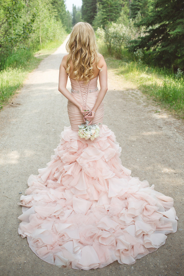Sexy Pink Mermaid Sweetheart Pleats Ruffles Wedding Dress With Crystal Belt