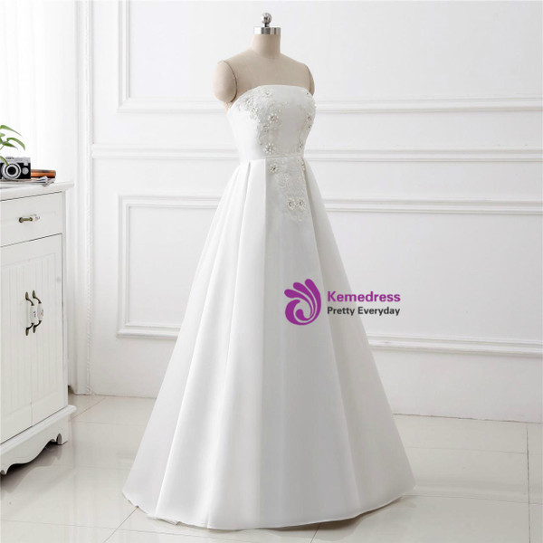 Simple Satin White Strapless Appliques Beading Sleeveless Wedding Dress