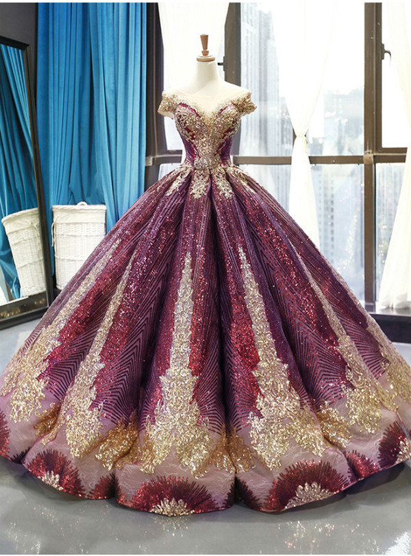 Sweet Purple Ball Gown Sequins Bateau Cap Sleeve Backless Haute Couture Prom Dress