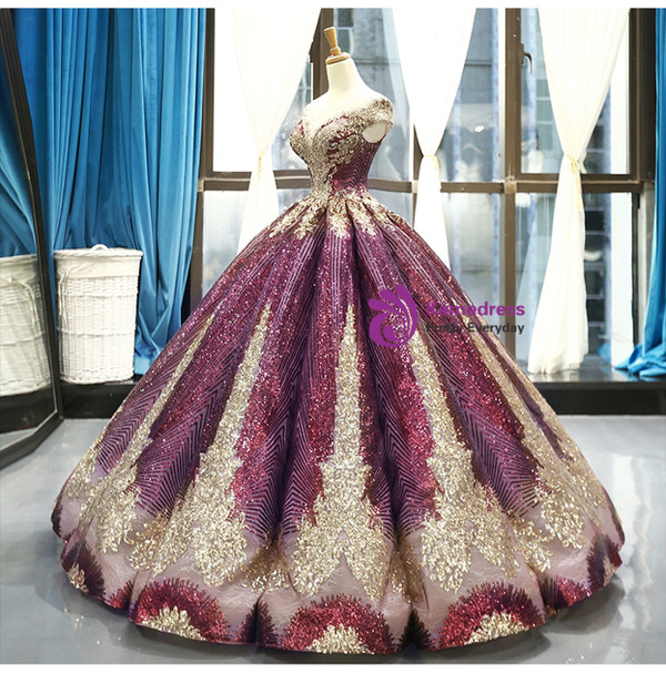 Sweet Purple Ball Gown Sequins Bateau Cap Sleeve Backless Haute Couture Prom Dress