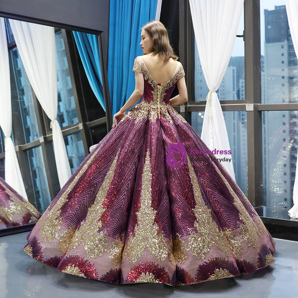 Sweet Purple Ball Gown Sequins Bateau Cap Sleeve Backless Haute Couture Prom Dress