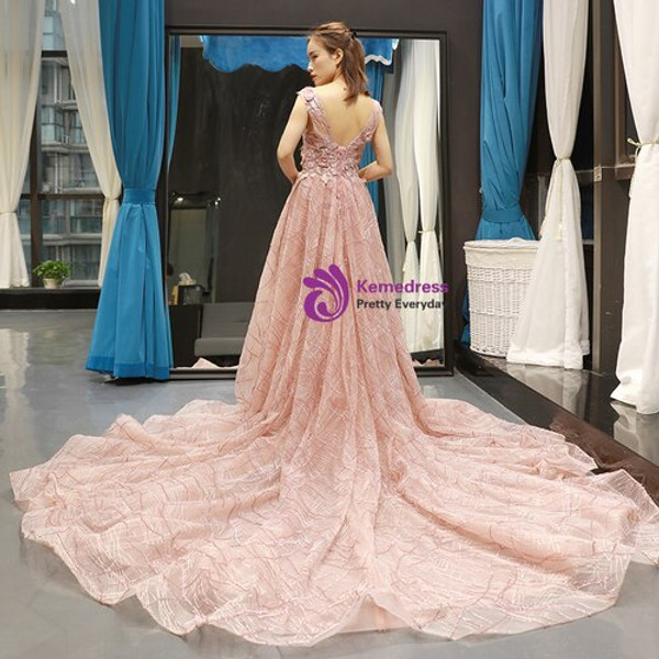 Pink Ball Gown V-neck Backless Lace Appliques Sequins Prom Dress With Side Split