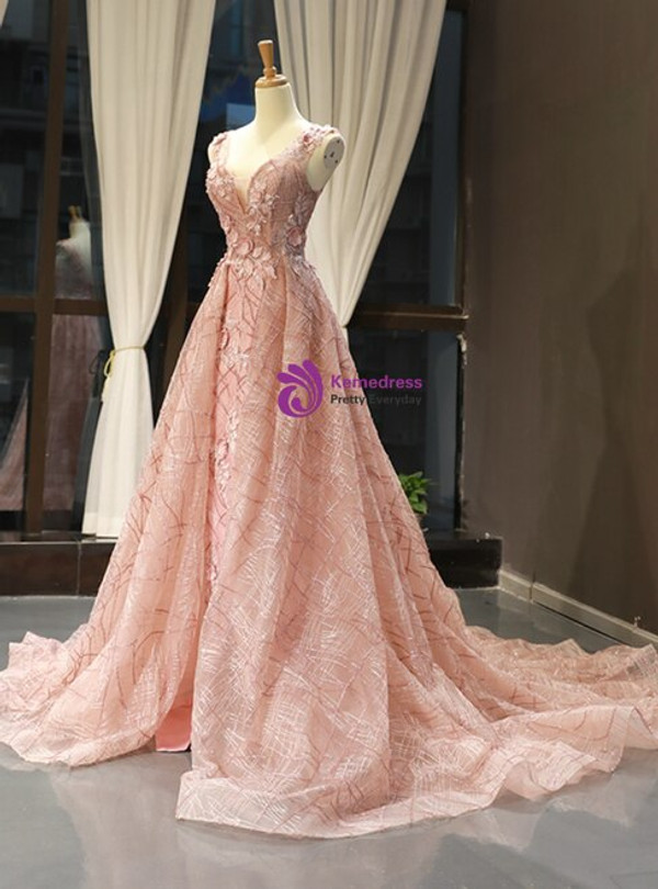 Pink Ball Gown V-neck Backless Lace Appliques Sequins Prom Dress With Side Split