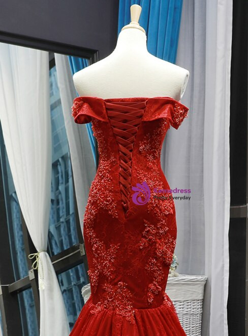 Sexy Burgundy Lace Mermaid Off The Shoulder Prom Dress With Beading