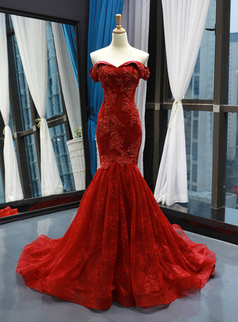 Sexy Burgundy Lace Mermaid Off The Shoulder Prom Dress With Beading