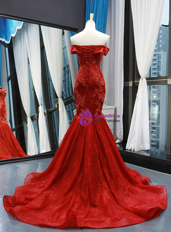 Sexy Burgundy Lace Mermaid Off The Shoulder Prom Dress With Beading