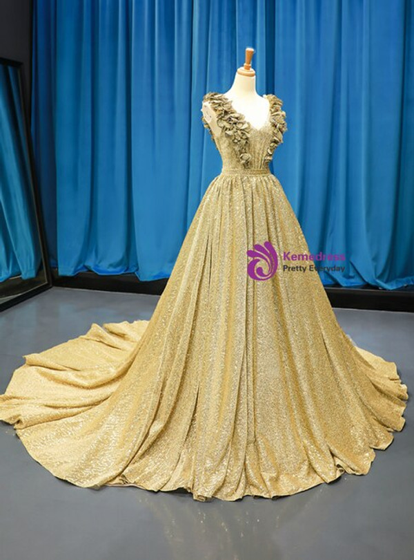 Ball Gown Gold Sequins V-neck Appliques Sleeveless Prom Dress With Train