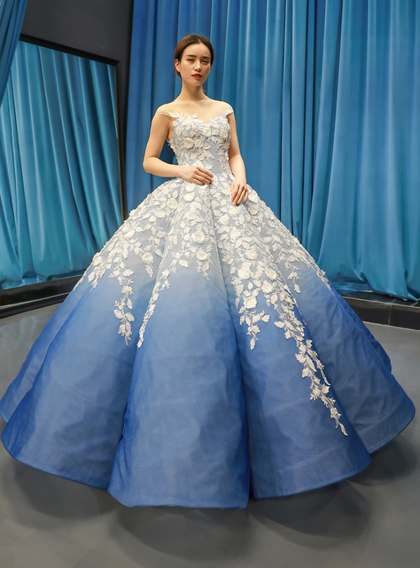 blue and white ball gown