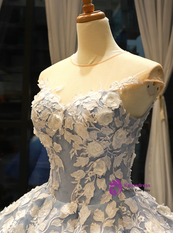 Luxurious Blue White Ball Gown 3D Flower Cap Sleeve Haute Couture Prom Dress