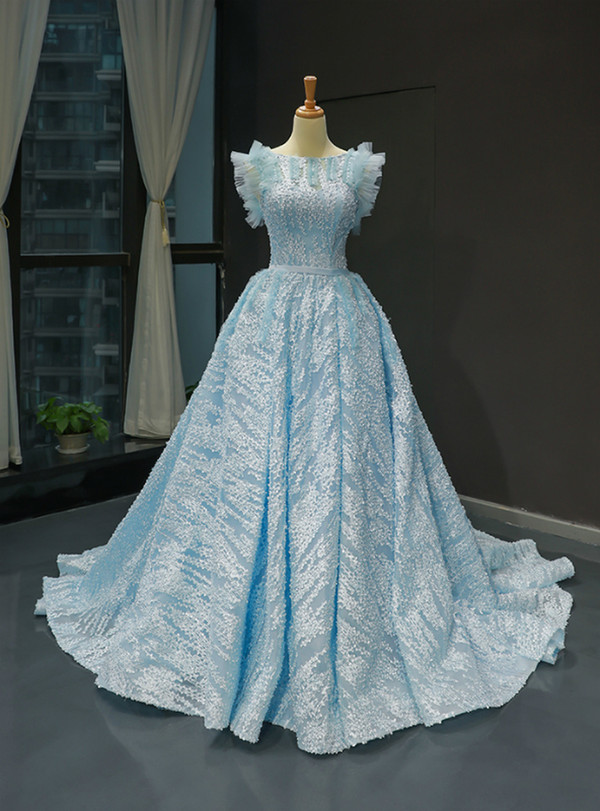 Sky Blue Ball Gown Lace Backless Bateau Haute Couture Quinceanera Prom Dress
