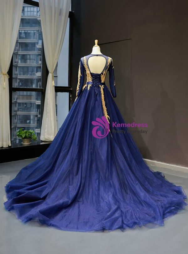 Romantic Navy Blue Tulle Long Sleeve Backless Prom Dress With Beading Sequins