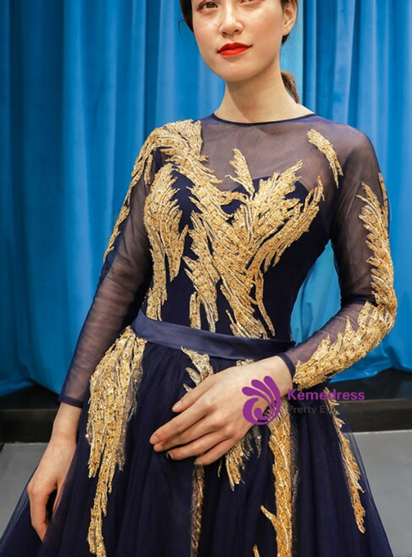 Romantic Navy Blue Tulle Long Sleeve Backless Prom Dress With Beading Sequins