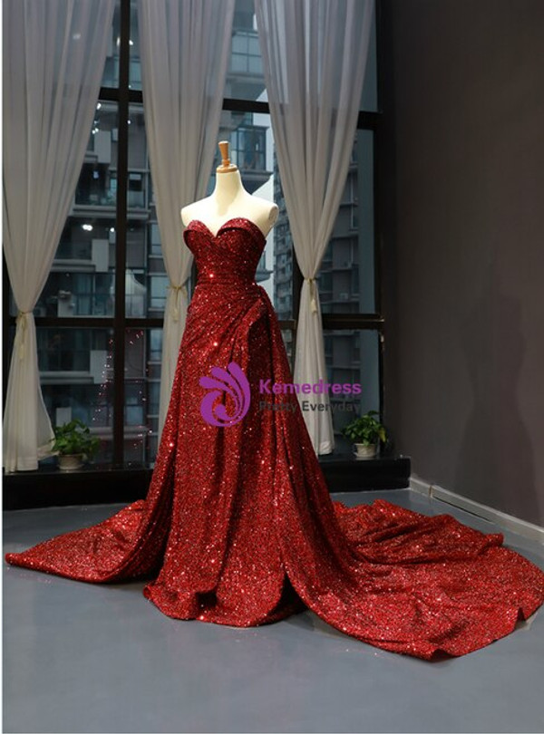 Impressive Burgundy Sequins Sweetheart Pleats Prom Dress With Long Train