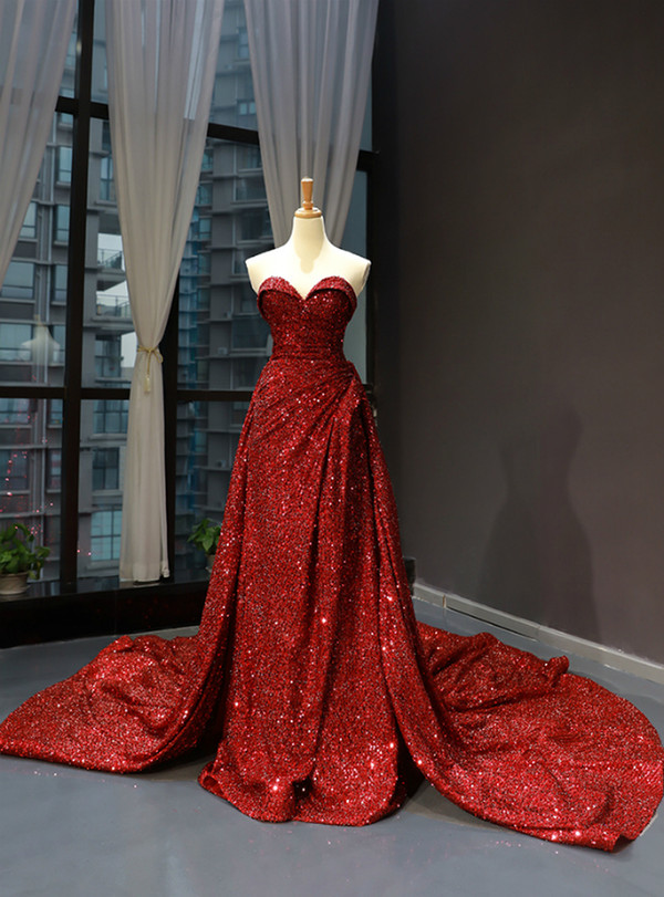 Impressive Burgundy Sequins Sweetheart Pleats Prom Dress With Long Train