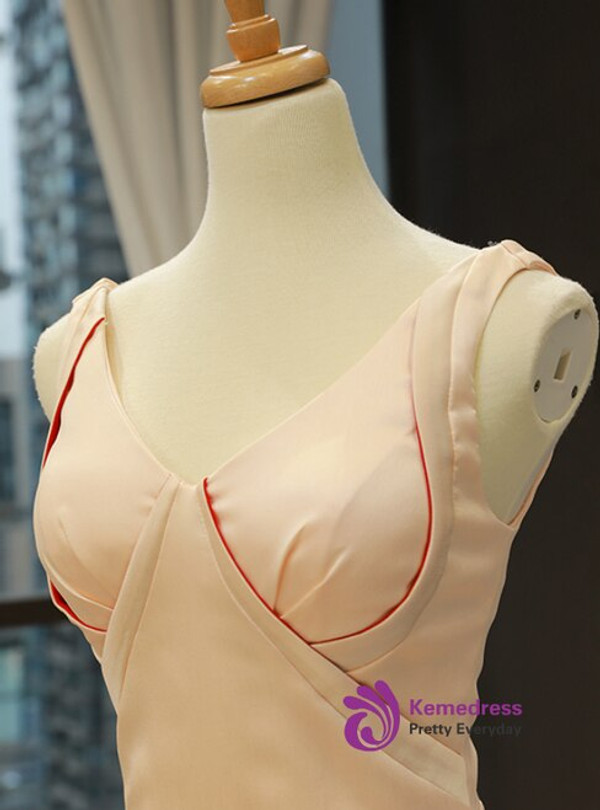 Champagne Ang Red Mermaid Satin V-neck Pleats Floor Length Prom Dress