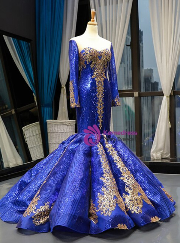 Sexy Royal Blue Sequins Mermaid Sweetheart Two Piece Prom Dress