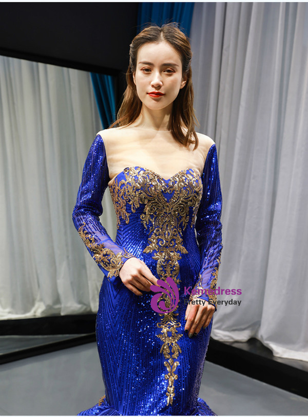 Sexy Royal Blue Sequins Mermaid Sweetheart Two Piece Prom Dress