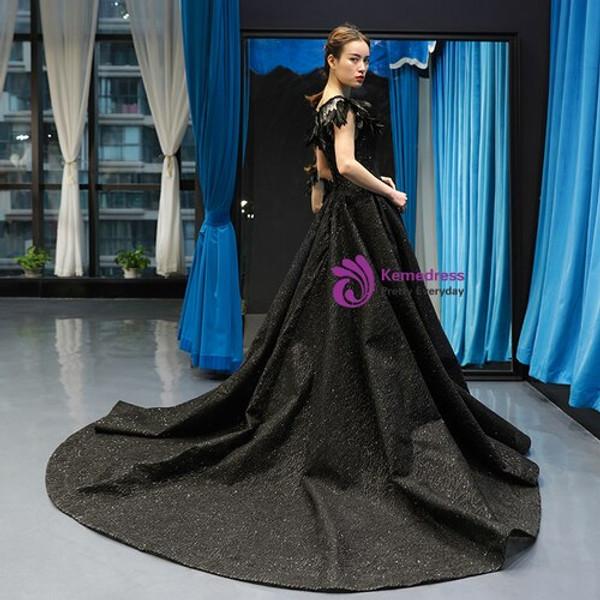 Dreamy Black Ball Gown Sequins Beading Bateau Prom Dress With Feather